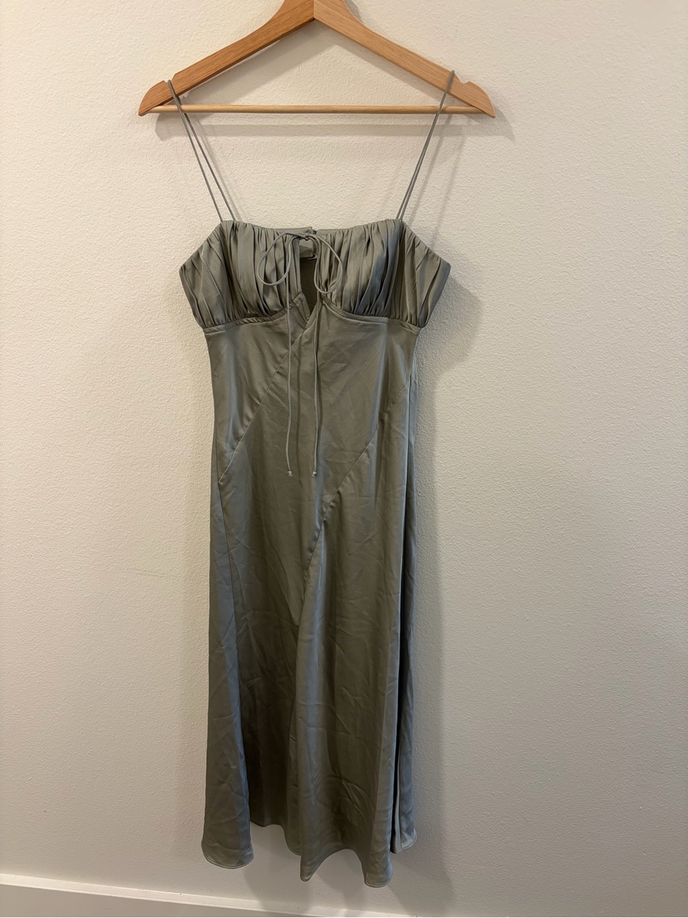 ASOS Olive Green Satin Midi Slip Dress with Drawstring Bust